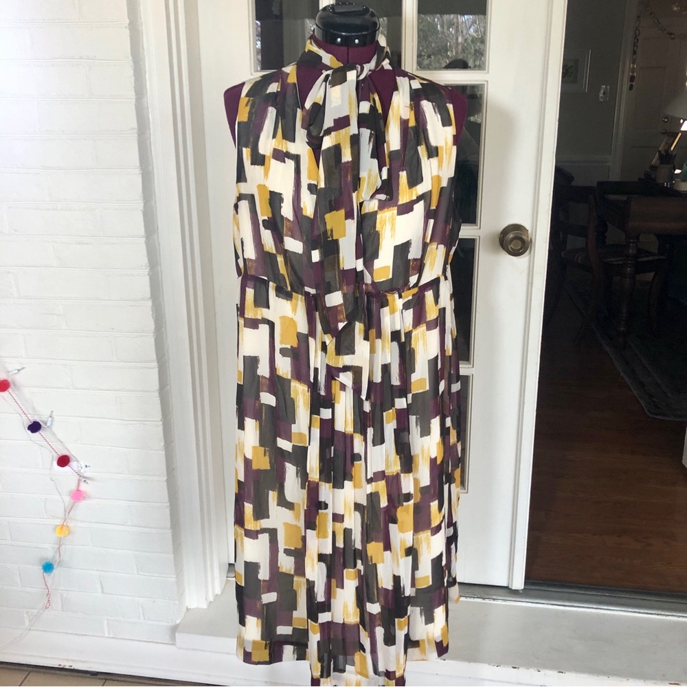 New York & Company Sleeveless V-Neck Dress w/ Attached Scarf | Multicolor 16